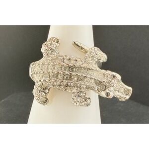 Crocodile Ring Black Eyes Rhinestone Silver Tone Size 9